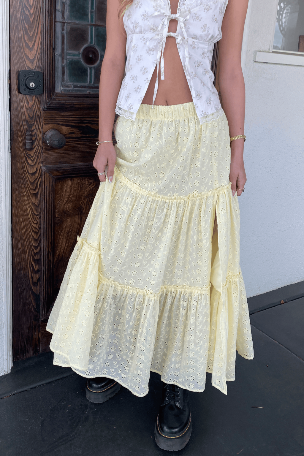 Chic Eyelet Maxi Skirt Featuring Intricate Patterns and Flowing Silhouette